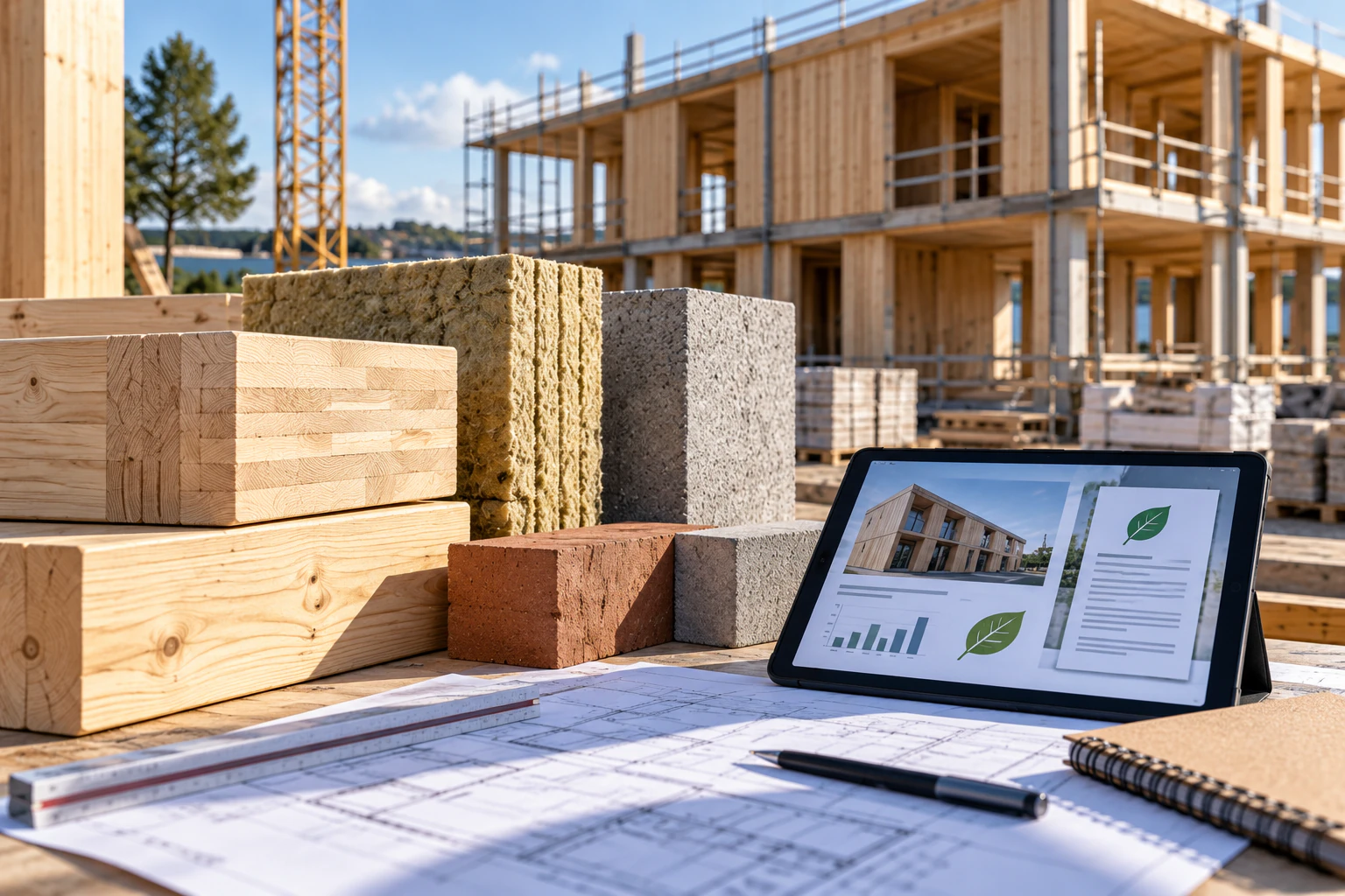 Byggeplads uden personer med byggematerialer, tegninger og tablet med miljø-/produktdokumentation.
